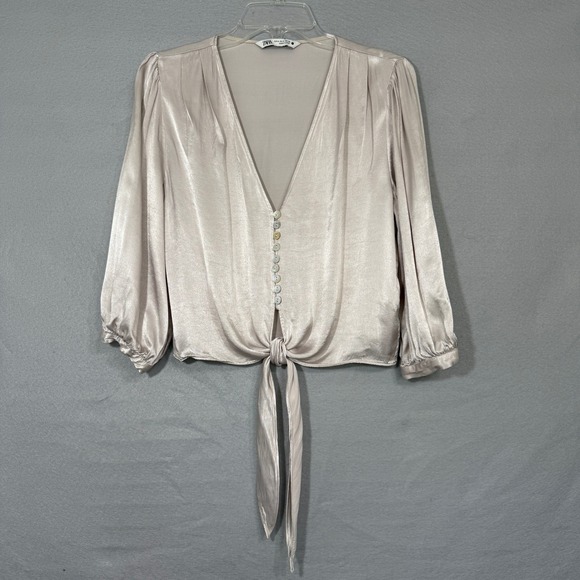 Zara Tops - Zara Women's‎ Button Tie Front Satin Top Size M Champagne Romantic Feminine